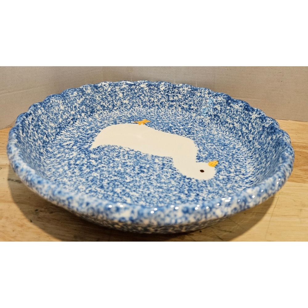VTG 1971 Los Angeles Pottery Spongeware Pie Plate Goose Cottagecore Country 11" - Picture 3 of 7